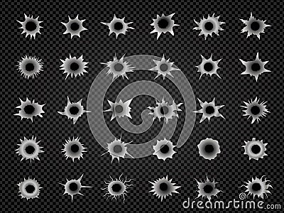 Gunshot holes. Damaged broken dots from bullets shooting cracked holes recent vector marks on wall Vector Illustration