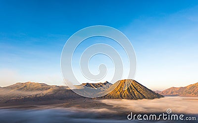 Gunung Bromo, Mount Batok and Gunung Semeru seen from Mount Penanjakan in Java, Indonesia. Stock Photo