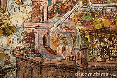 Fresco on outside wall of monastery GURA HUMORULUI, ROMANIA Editorial Stock Photo