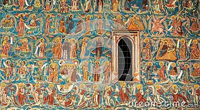 Fresco on wall of monastery GURA HUMORULUI, ROMANIA Editorial Stock Photo