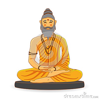 Guru, ascetic, sage, sadhu, saint, monk, yogi meditating concentrating. Saffron orange clothes sitting in yoga pose with Rudraksha Vector Illustration