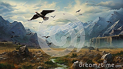 Guspilot leading a group of migrating birds in the valley Stock Photo