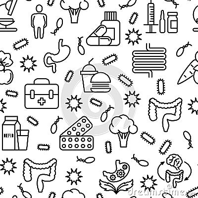 Gut flora seamless pattern with thin line icons: gut, bacteria, obesity, stomach, infection, depression, medicine. Vector Vector Illustration