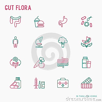 Gut flora thin line icons set Vector Illustration