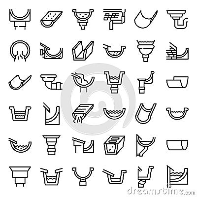 Gutter icons set, outline style Vector Illustration