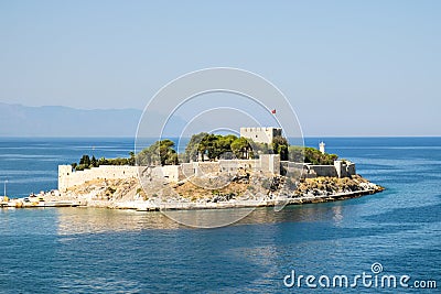 Guvercin Ada, (Pigeon Island) with Kusadasi Castle, Kusadasi, Turkey Stock Photo