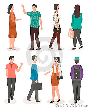 Guy with backpack, businesswoman, woman with package, businessman with briefcase, guy waving hand Stock Photo