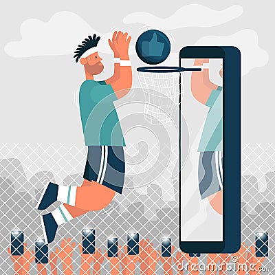 Guy a basketball player throws a ball into the ring and everyone takes pictures of him. Cartoon icon. Vector Illustration