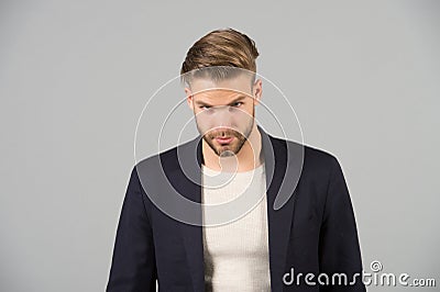 Guy bearded attractive well groomed businessman. Businessman bearded strict calm face manager, grey background. Man with Stock Photo
