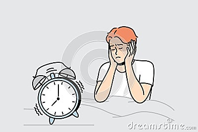 Guy in bed closes ears not to hear sounds of alarm clock. Vector Illustration