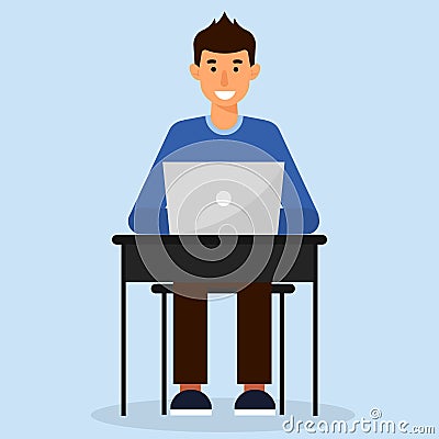 Guy in blue sitting at the laptop Vector Illustration