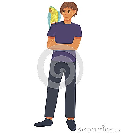 Guy with a blue and yellow parrot on his shoulder. happy pet owners. pet Shop. exotic pets. Ara ararauna. Vector Illustration