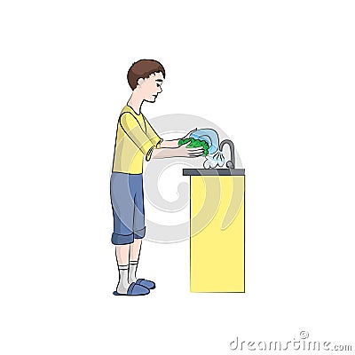 Guy, boy man washes the dishes. Vector color illustration. Vector Illustration