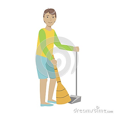 Guy With Broom And Duster Sweeping The Floor, Cartoon Adult Characters Cleaning And Tiding Up Vector Illustration