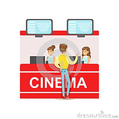 Guy Buying Cinema Tickets Whom Cashiers Counter, Part Of Happy People In Movie Theatre Series Vector Illustration