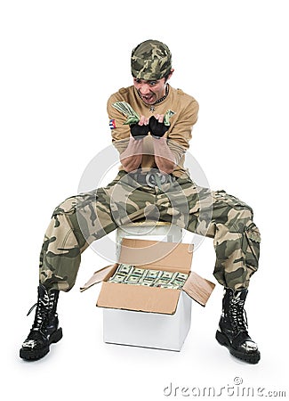 The guy in a camouflage and with a box of money Stock Photo