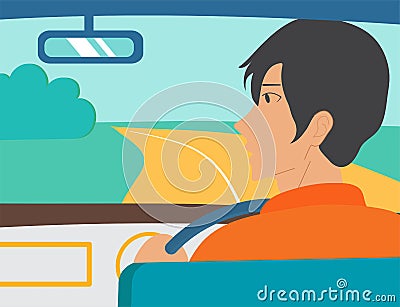 The guy in the car is driving along the road in the field. He looks in the rearview mirror. Traveler on a trip Vector Illustration