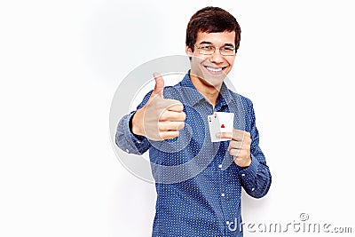 Guy with cards and thumb up sign Stock Photo