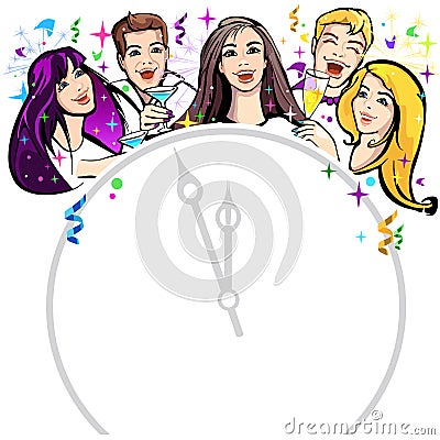 Guy,cartoon,celebration,champagne,cheerful,children,clock,cute,design,fairy dust,friendship,fun,girl,girls and boys,guys,happiness Stock Photo