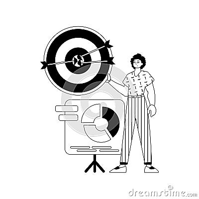 The guy with the chart . The arrow hits the prey . black and White linear stylus. Trendy style, Vector Illustration Vector Illustration
