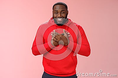 Guy cherish friendship. Portrait lovely touched pleased cute african american bearded man receive touching compliments Stock Photo