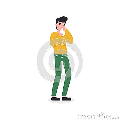 Guy has a cold and a runny nose Vector Illustration