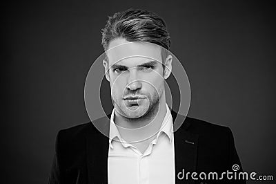 Guy confident in his appearance. Confidence and masculinity. Man well groomed with bristle and hairstyle grey background Stock Photo