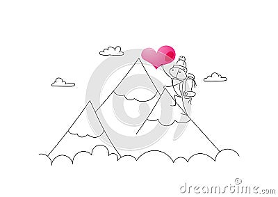 A guy conquers a mountain peak for the sake of great love. Carries a pink heart in her hands. Vector Illustration