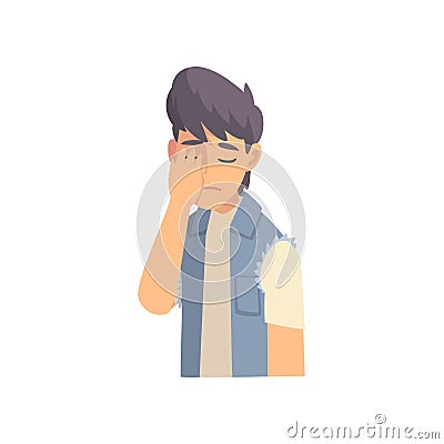 Guy Covering His Face with Hand, Fashionable Teen Boy Making Facepalm Gesture, Shame, Headache, Disappointment, Negative Vector Illustration