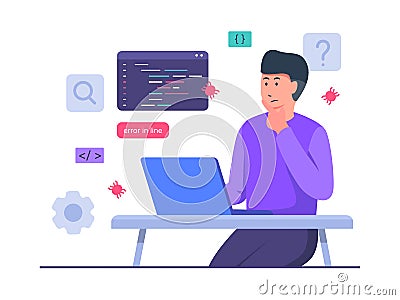 Guy developer character thinking work on laptop create debugging code with flat cartoon style. Vector Illustration