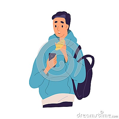 Guy with disappointed face expression read bad news at smartphone vector flat illustration. Shocked male looking at Vector Illustration