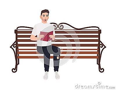 Guy dressed in casual clothes sitting on street bench and reading book. Student preparing for exam at park. Male Vector Illustration