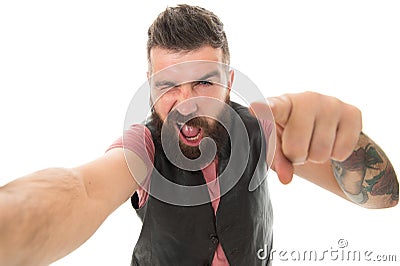 Guy expressing success. Hipster with beard brutal guy. Product recommendation concept. Beard grooming. It is alright Stock Photo