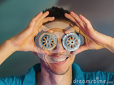 The guy with the eyes of a robot. human robot Stock Photo
