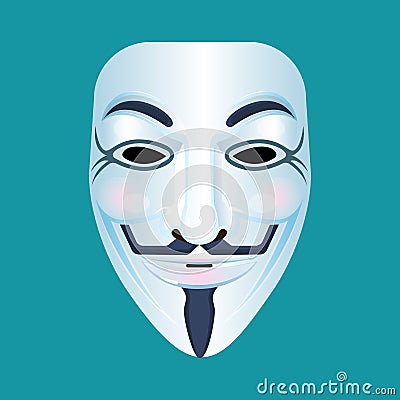 Guy Fawkes mask stylised depiction isolated on blue. Vector Illustration