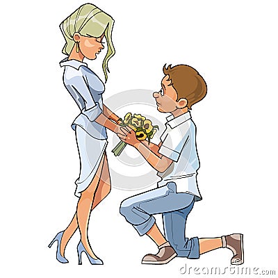 Guy with flowers standing on one knee in front of the girl Vector Illustration