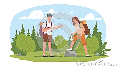 Guy and girl apply anti malarial mosquito bite spray while camping in wilderness. MAn and woman in forest using insect Vector Illustration