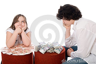 Guy with girl consider a lot of money Stock Photo