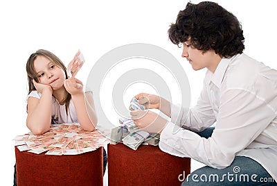 Guy with girl consider a lot of money Stock Photo