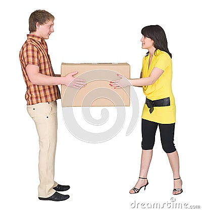 Guy and the girl divide big box Stock Photo