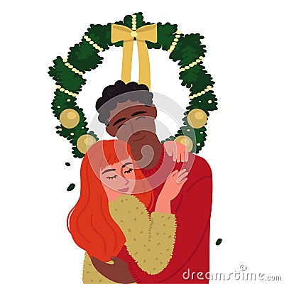 A guy and a girl hug under the Christmas wreath. Cartoon characters isolated on white background. Vector illustration in the style Cartoon Illustration