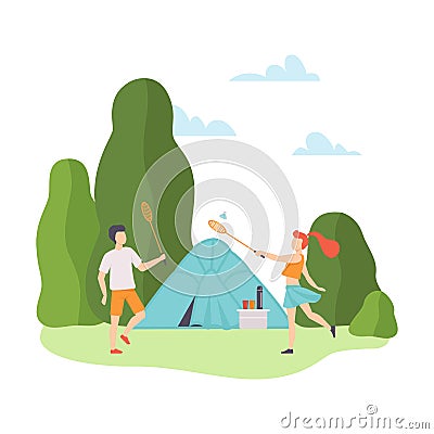 Guy and a girl play badminton at a campsite. Vector illustration. Vector Illustration