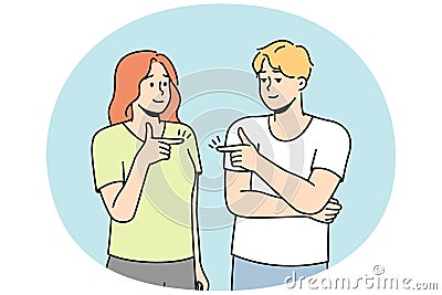 Guy, girl point fingers at each other, avoid solving problems. Vector Illustration