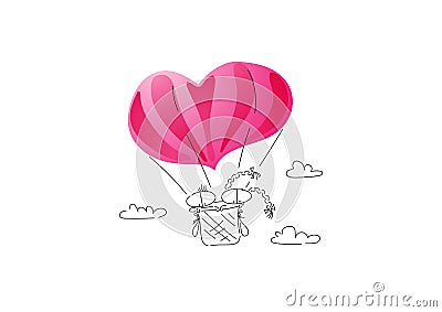 A guy and a girl on Valentine's Day went on a romantic trip. Balloon in the form of a pink heart. Vector Illustration