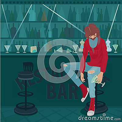 Guy got drunk and hardly sits in empty bar Vector Illustration