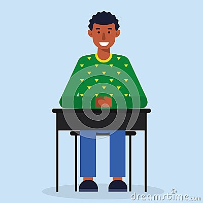 Guy in green sitting at the table Vector Illustration