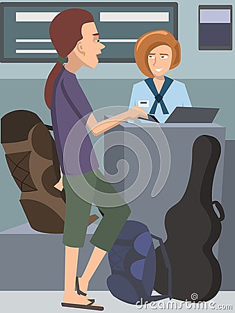 Guy with guitar checking in at the airline desk Vector Illustration