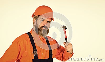 Guy with hammer. Good hammer. Almost every household has hammer. Estimate materials requirements for projects Stock Photo