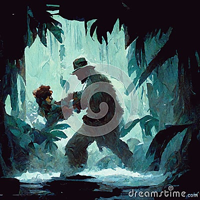 A guy in hat fighting with a monkey in jungle oil painting Cartoon Illustration