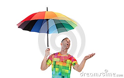 Guy holding a colorful rainbow Stock Photo